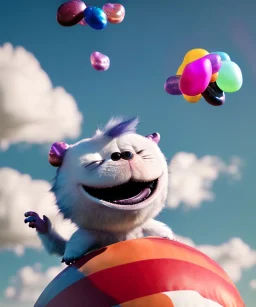 Ultra realistic speed clouds sky scene, wide angle view, sweet childs falling down, inflatable color clothing, free jumping flying, many trinkets, monster head, hair monster, many jelly beans, balls, color smoke, smile, happy, circus style, extreme, wind, clouds sea, 20,000 feet altitude, stratosphere, soft color, highly detailed, unreal engine 5, ray tracing, RTX, lumen lighting, ultra detail, volumetric lighting, 3d, finely drawn, high definition, high resolution.