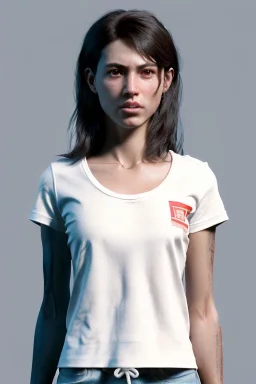 Ultra Realistic image, 25 years old brunette woman, Madrid, portrait, small stature, small chest, yakuza body tattoo, white broken cotton undershirt with holes, vibrant color, highly detailed, art stations, concept art, smooth, unreal engine 5, god rays, ray tracing, RTX, lumen lighting, ultra detail, volumetric lighting.