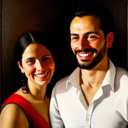 portrait of Jacobo Santiago Mozos born in 1976 and Gemma Arnau Arnau born in 1979,Caravaggio,smiling, oil on canvas, cinematic composition, extreme detail,8k,fit full head inside picture,