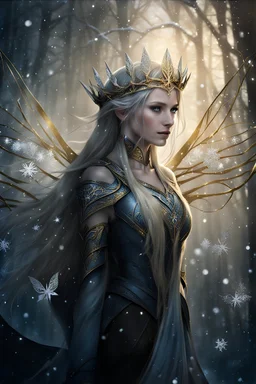 Very long blonde golden white hair,rapunzel hair,elven crown,elven ears,golden armour,,fairy princess,snow,snowing,beautiful,ice flowers,ice crystals,sparkle,glitter,fairy wings,light sky