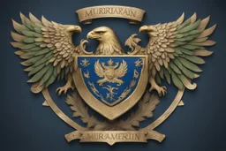 Coat of arms of the Murinian Federation; brass eagle; holding sword and szepter; blue, green, white;