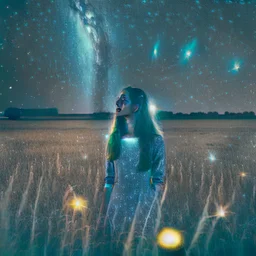 photo of a young woman in field at night with lots of stars, looking at a UFO