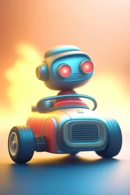 cute robot in racing car, motion blur, smoke, 4k, downlight, soft light, depth of field, photorealism, trending on art station