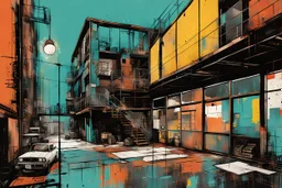 create a wildly abstract illustration of a highly detailed gritty and rusted industrial warehouse loft apartment in style of Jean Michel Basquiat , and the comic book art style of Bill Sienkiewicz, finely textured, drawn, colored, and inked