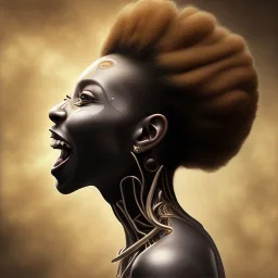 Octane render. 4K Oil painting. Fine art. Detailed. Fractal. Chakras. Sacred geometry. a brain exploding. kintsugi. Chaos. Portrait of a young black woman laughing. Screaming. Smiling. dark skin black woman .a mind exploding. limitless. .non linear reality . Laugh until you cry. Tears the colour of oil. joy rolling of her body. Tears of her eyes nose and mouth like a oil spill.