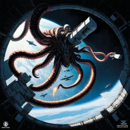 sci fi dramatic scene, a spoked ring space station being attacked by a colossal Lovecraftian tentacle creature wrapping its biomechanical tentacles around the space station outer ring, smaller space ships circle the scene, grand, expansive, intricate detail, Syd Mead and H.R. giger space opera aesthetic, cosmic sci-fi illustration