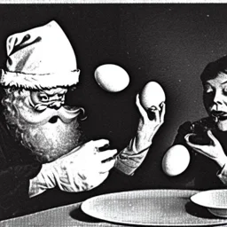 Old photo of Creepy folk people eating eggshell with alien santa