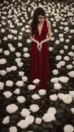 White wings, scissors, red dress in the middle of a field of white roses. Cinematic photo from above