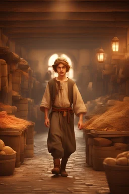 teenage boy walking inside a mediaeval market, dressed in peasant clothing, digital art, 4k