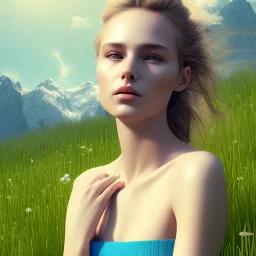 gorgeous young Swiss girl sitting standing in green field, mountain, sun, wearing blue shirt over, open arms, realistic eyes, unreal engine, photograph, realistic skin texture, photorealistic, hyper realism, highly detailed, 85mm portrait photography