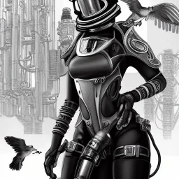 great illustrator, spanish, realistic rendering of a cute girl, beautiful, steampunk syle, black and white. Helmet with tubes. respirator. Machinery in the background. robotic bird flying. High details. 4k. unreal engine