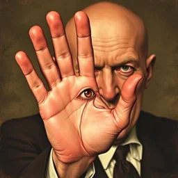 Bald Aleister Crowley holding up hand revealing an eye in his palm, the wickedest man on earth, by Dave McKean