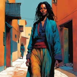 create an imaginative full body illustration of a Tuareg female, in traditional dress, with finely detailed facial features, short dreadlock hair, in the backstreets of Marrakech, in the comic book art style of Bill Sienkiewicz, Mike Mignola, and Jean Giraud Moebius, finely textured, drawn, colored, and inked