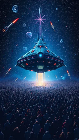 A field of random people at the end of the picture a huge complicated details texture of a blue dark colorful aliens spaceship , lot of rockets and falling stars filling the picture