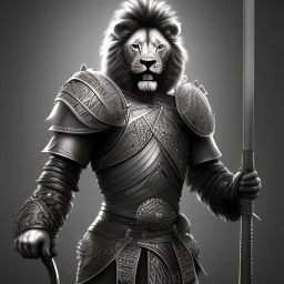 A warrior with a face of lion carrying sword and hammer in a dark background