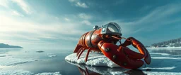 airbrush 3d rendering, close up lobster space ship on small frozen island in lake, pinhole cam