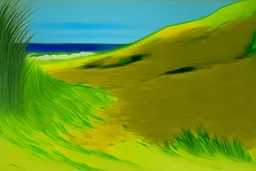 Lime green sandy dunes near a beach painted by Pablo Picasso