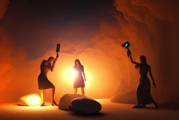 two women holding flashlights discovering a huge stone sarcophagus inside a cave