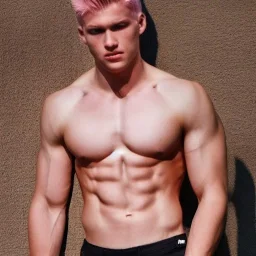 A young, handsome man with golden hair, pink eyes, white skin, a muscular body