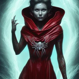 This spider woman is a fearsome sight to behold, with the body of a human woman and the head and legs of a spider. She is draped in a flowing red cloak, with a hood that covers her spider head. Her skin is covered in shimmering black scales, and her eyes glow a bright, otherworldly green. She is fast and agile, able to climb walls and ceilings with ease. She has venomous fangs and sharp claws, and she can spin webs of magical energy to ensnare her enemies. She is intelligent and cunning, and she