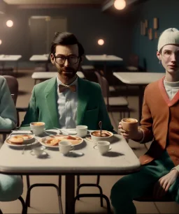 man and woman sitting in cafeteria and having breakfast levitating, Wes Anderson, soft color, highly detailed, unreal engine 5, ray tracing, RTX, lumen lighting, ultra detail, volumetric lighting, 3d, finely drawn, high definition, high resolution.