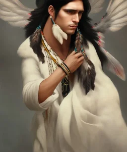 chaman, male native american, mature, long black hair, black coat like wings