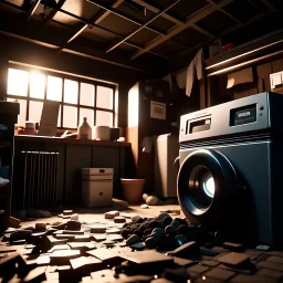 Wide angle environmental shot of coin spitting washing machine in a cluttered and messy shack, chaotic shack in background. vibrant, photo realistic, realistic, dramatic, dark, sharp focus, 8k.