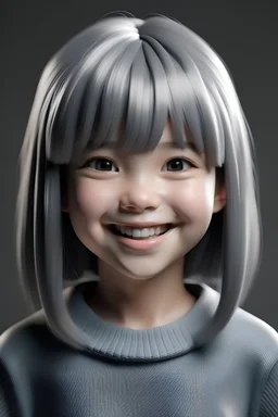 3D Cute girl smiled with medium Gray hair with bangs