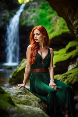 Close UP, delicate, cute, soft, skinny belly red haired Young lady, Green eyes , cave waterfall, medieval