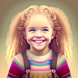 A cute little girl, curly blonde hair, the look on her smiling face.