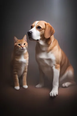 a big, fat, orange tabby cat named Garfield and a small, beagle dog named Odie - gradated Background, professional quality studio 8x10 UHD Digital photograph, multicolored spotlight, Photorealistic, realistic stock photo, Professional quality Photograph. colored Fog - Multicolored lighting,