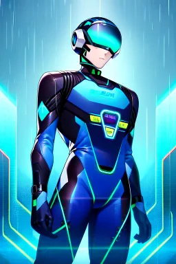 cyberpunk, neon blue, high technology, geometric figures, orbiting figures, cyberpunk suit, black and blue, epic, rain, neon blue suit, geometric figures orbiting around suit, exosuit, male