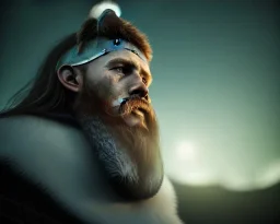 a sad and lonely viking looking up at the stars at night, hyper realistic, 8k, insane detail, atmospheric background, crying eyes, big fur coat, long braided hair, sharp focus, soft background, dynamic lighting, viking helmet, night time