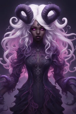 absurdres, ((high-resolution)), ultra detailed, vivid colors, abyssal goddess, dark skin, horns, white hair, ((medium hair:1.2)), (sidelocks:1.3), purple eyes, disheveled hair, long sleeves, fril gothic dress, purple and pink outfit, abyssal, darkness, tentacles, fractal, psychedelic, Whimsical