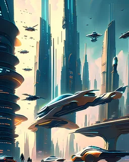 A futuristic cityscape with towering skyscrapers and flying cars.