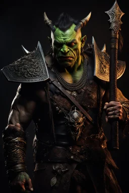 portrait of an orc king.braided hair and unique eyes. grimacing. Half of his head is shaved. wearing ornaments. Carrying a battleaxe. High resolution. 4K. 8K. Dark Fantasy style.