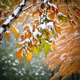 Masterful, highly detailed, full-screen linocut of an extremely focused close-up view of a hanging branch of a birch tree with leaves in autumn shades of yellow, ochre and washed-out green. An early November snow clings to the leaves and branches in wet tufts, creating a soft, white contrast against the colorful foliage. The bokeh background features a blurred view of more snow-covered branches, enhancing the wintry atmosphere. Illustration and linocut using a technique of extremely fine, tiny c