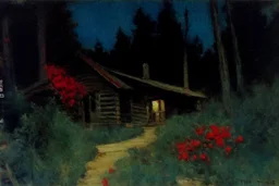 Night, cabin, pine trees, pathway, red flowers, theodore robinson impressionism painting