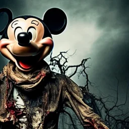 Rotting corpse zombie who is mickey mouse smiling, evil, arms forward like a mummy, fangs, sharp focus, ears, boots