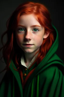 A cute girl with red hair and green eyes and she is wearing a hogwarts robe