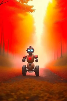 cute robot in drift trike in autumn forest, motion blur, smoke, 4k, downlight, soft light, depth of field, photorealism, trending on art station