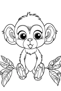 cute coloring page, sketch style, cute baby monkey in the jungle, cute cartoon, white and black, withe background, no shadows, outline.