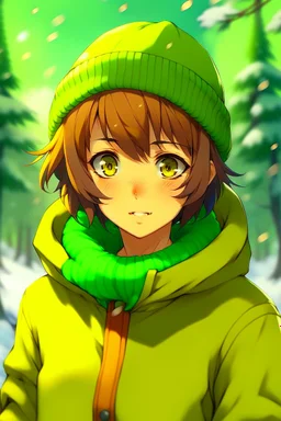 Girl with short brown hair, red eyes, green sweatshirt with a horizontal yellow stripe, he is wearing a Christmas hat, and in the background there are trees in the cold winter with lots of snow, Anime HQ style