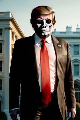 Ultra realistic image, Donald trump zombie, zombie performance, suit, skull, blood, torn arm, night, walking twisted, waist up view, the walking dead style, dark ambient, highly detailed, White House background, concept art, unreal engine 5, ray tracing, RTX, ultra detail, volumetric lighting, high definition, high resolution.