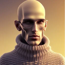 a full picture of a tall rattled skinny man with short dry hair in a light color wearing a knitted sweater with long boney fingers