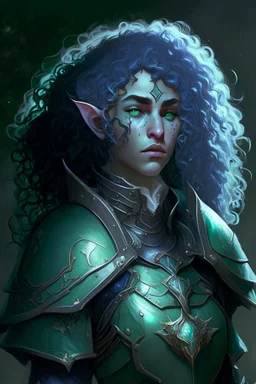 Female moon elf twilight cleric in dark green armour with blueish curly hair and white eyes