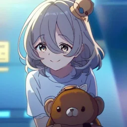 Clear focus, High resolution, a anime kid, cute, cartoony style, smiling, anime screencap, hair between eyes, holding a brown teddy bear, small forhead, female, medium length hair