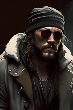 Norwegian, war veteran, strong, brown beanie, beaten, grumpy, john wick, tom hardy, handsome, sunglasses, mid long hair, muscles, bomber jacket,