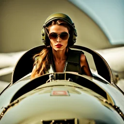 A fashion model piloting a fighter jet.