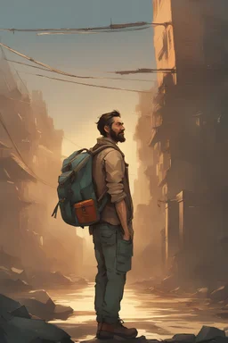 a man with a backpack looking up at the sky, in disco elysium, disco elysium character,official fanart, background artwork, adar darnov,, artwork in the style of guweiz, dark